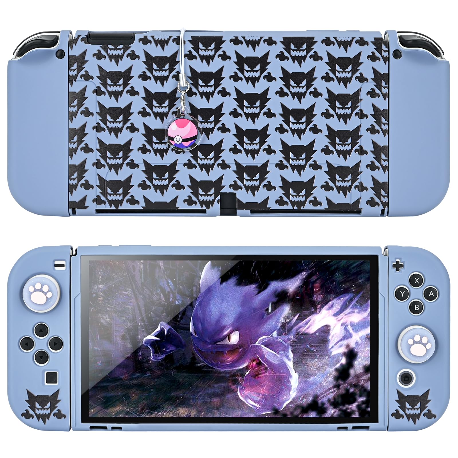 DLseego Dockable Case Design for Switch OLED, Anti-Slip Shock-Absorption Protective Soft Carrying Case and Joy Con Controller with 1 PCS Elf Ball Pendant and 2 Thumb Grip Caps-Gray Animal Monster