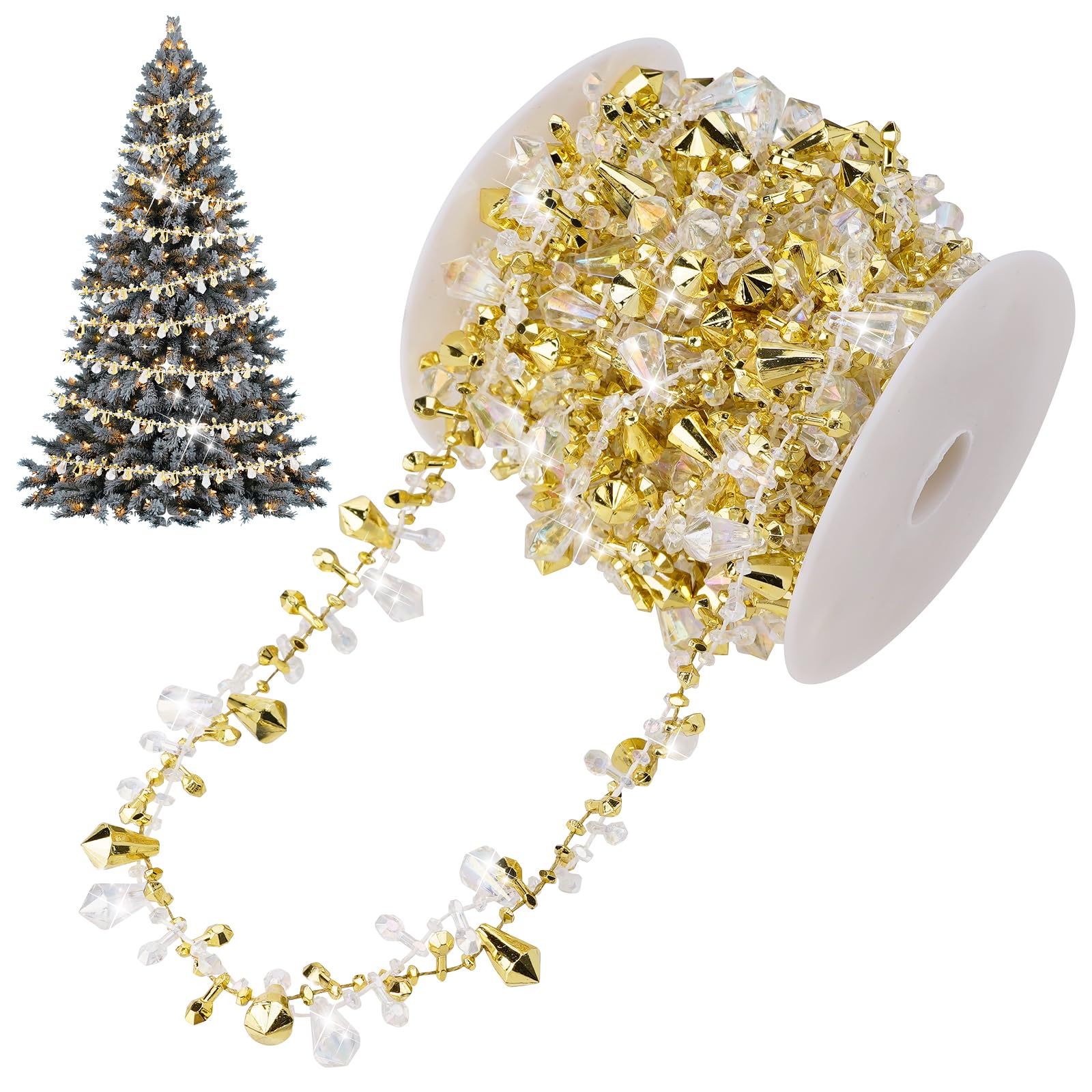 5M Crystal Christmas Garland, Shiny Christmas Tree Decorations Twist Bead String for Christmas Party Decoration Wedding DIY Craft Xmas Hanging Ornaments, Gold & Clear