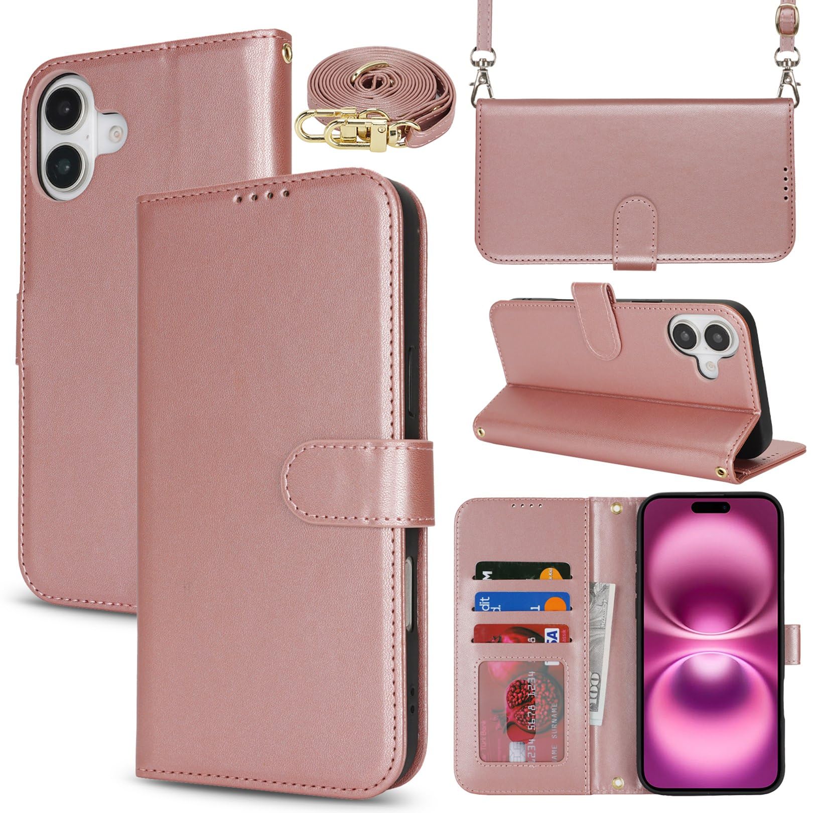 Jaorty Phone Case for iPhone 16 Plus with Card Holder,Wallet Case for iPhone 16 Plus with Crossbody Shoulder Strap for Women,Anti-Lost Magnetic Cover Purse,6.7 Inch,Smooth Rosegold