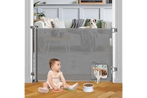 STCOCKIS Baby Gate with Cat Door Walk Through 55" Wide Retractable Baby Gates Indoor Retractable Dog Gate Outdoor Pet Gate with Cat Door Gates for Pets Cat Gate for Doorway Dog Gates for The House, Gray