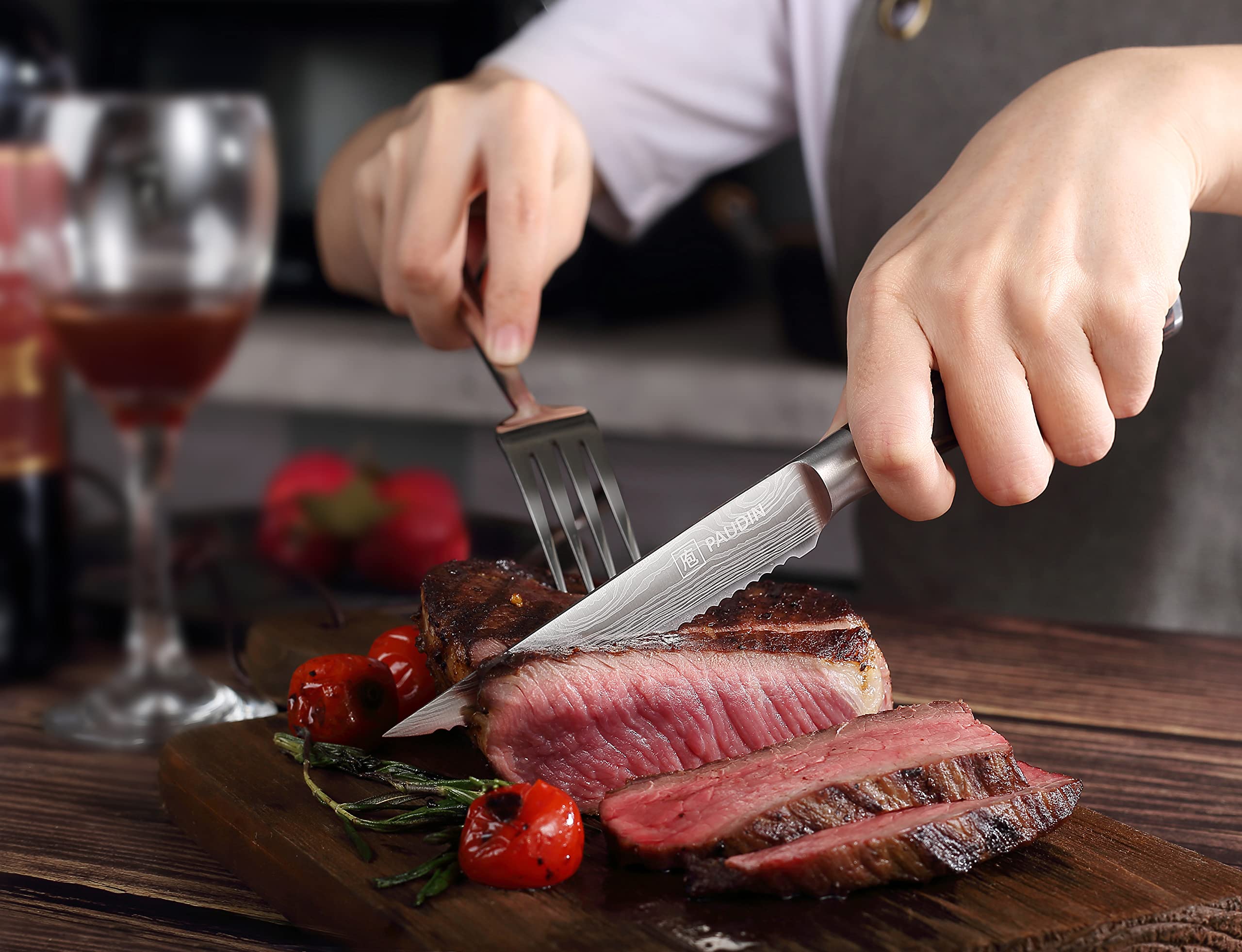 PAUDIN Steakmesser 6-teiliges Set, hochwertiger deutscher Edelstahl Steak Messer, ultrascharfe gezackte Klinge und ergonomischer Holzgriff, Tafelmesser mit Geschenkbox 8