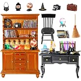 Rileryan 54 Pcs 1:12 Scale Mini Magic House Kit Halloween Miniatures | Mini Wooden Furnitures Accessories Bookshelf Bookcase 30 Mini Books Desk Chair Halloween Decoration Gift