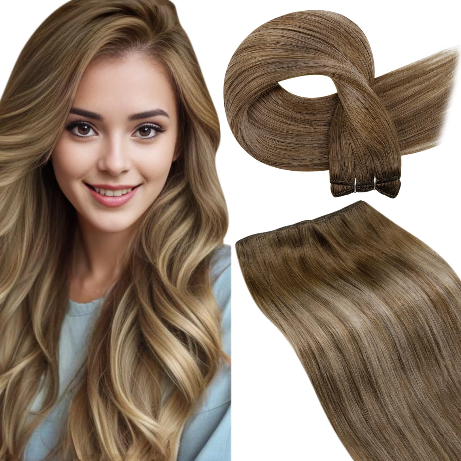 LaaVoo Weft Hair Extensions Real Human Hair 20 Inch 100g Brown Sew in Hair Extensions Full Head Straight Balayage Blonde Remy Invisible Double Weft Weave #8/16/8