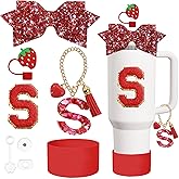 8PCS Cup Accessories Set for Stanley Cup 30oz 40oz tumbler with handle,Including Silicone Straw Topper Cover Cap and Boot,Spill Proof Stopper,Handle Charm,Initials Sticker (Red Strawberry S)