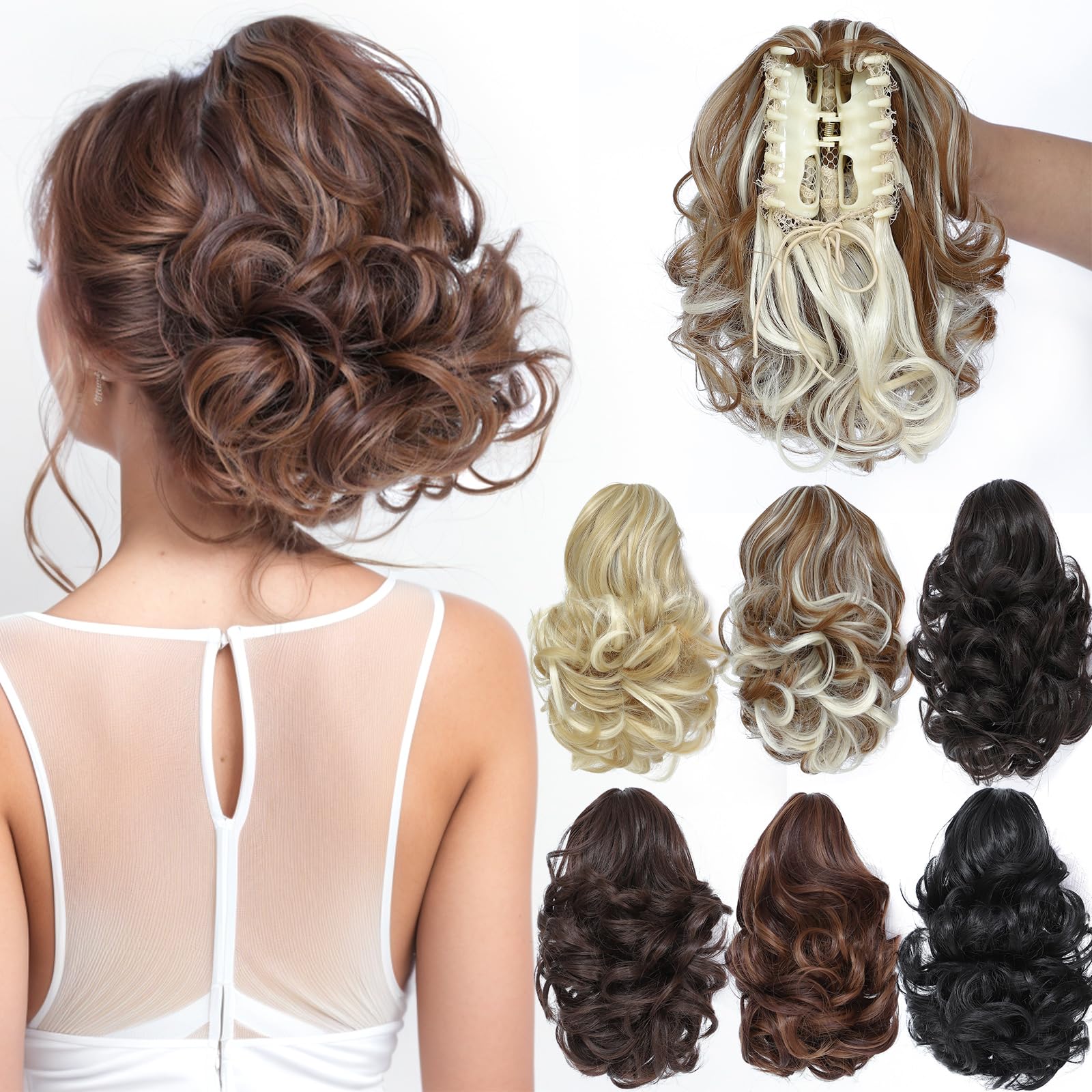 Yamel Ponytail Extension 8" Short Curly Wavy Highlight Brown Mix Blonde Claw Jaw Clip in Synthetic Hairpiece Pony Tail Tale Ponytail Hair Extensions — image 1