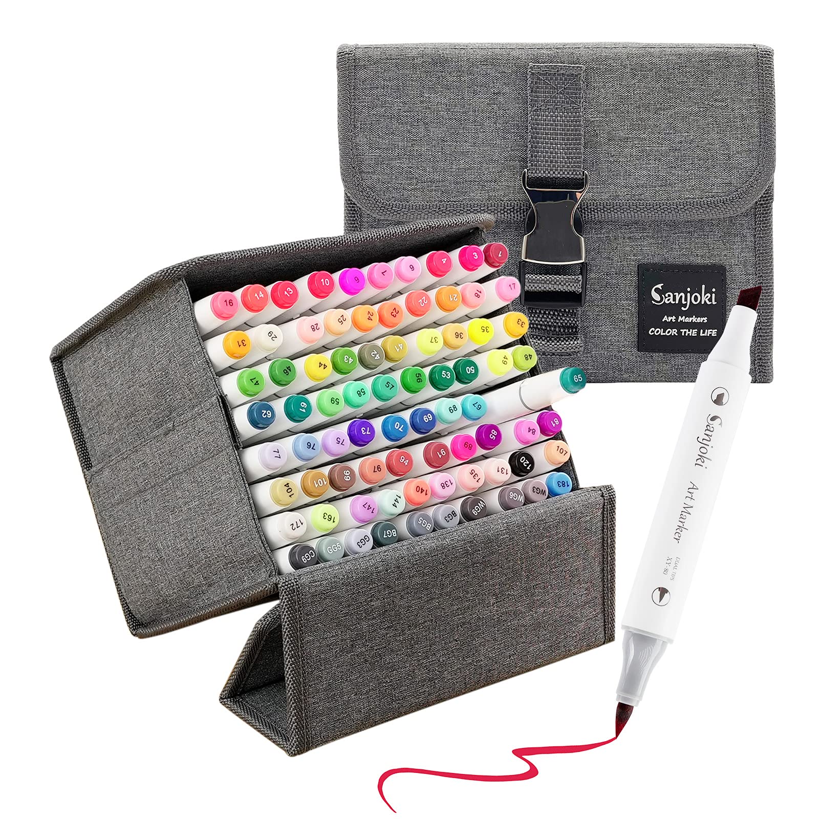 SANJOKI 80 Colors Alcohol Brush Markers, Brush & Chisel, Dual Tip Permanent Markers, With Carrying Case & Sketchbook