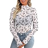 Western Mesh Top Women See Through Cowboy Shirt Mock Neck Country Concert Outfits Layering Sheer Long Sleeve Tops