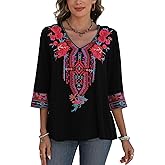 AK Mexican Embroidered Tops for Women Boho Floral 3/4 Sleeve Peasant Blouses Summer Casual Boho Clothes Hippie Shirt