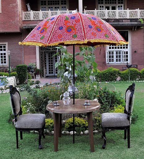 Lalhaveli Ethnic Handmade Embroidery Work Design Cotton Large Garden Umbrella 52 X 72 Inches