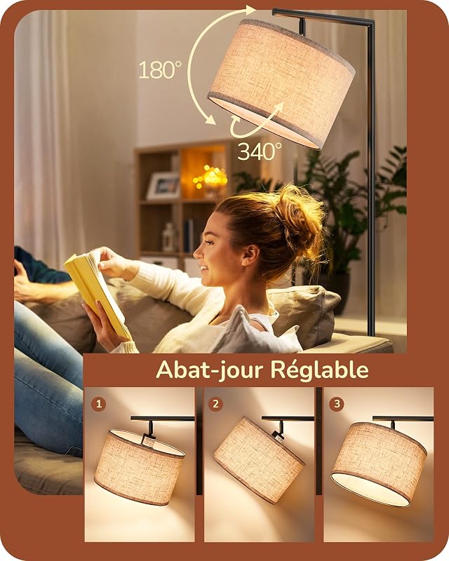 Lampadaire sur Pied Salon avec Abat-jour à Angle Réglable en Lin Beige, E27 Douille, 2700K Ampoule Incluse, Lampe à Pied en Métal avec Interrupteur à Pédale pour Chambre, Salon, Bureau