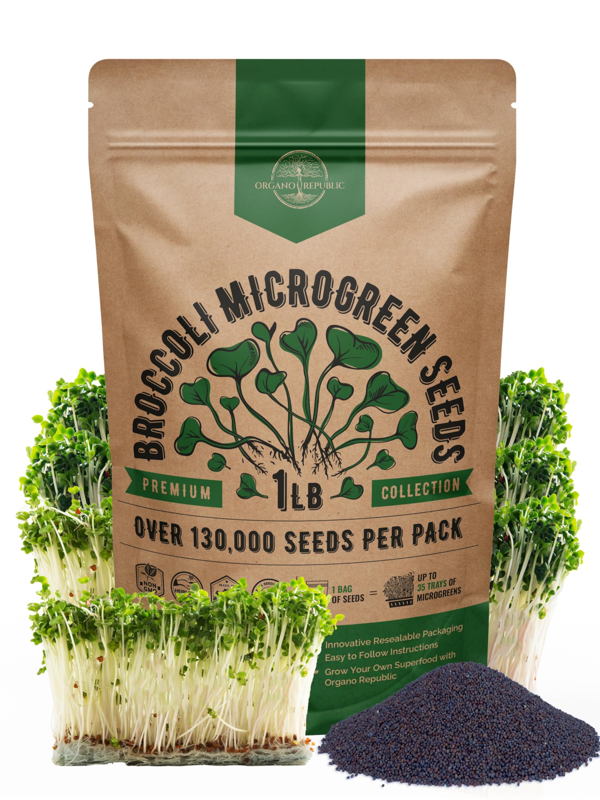 Photo 1 of Organo Republic Broccoli Sprouting & Microgreens Seeds - Non-GMO, Heirloom Sprout Seeds Kit, 1lb Resealable Bag for & Growing Microgreens in Soil, Coconut Coir, Aerogarden & Hydroponic
