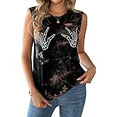 Remidoo Women Rock Ripped Tank Top Graphic Sleeveless Tie Dye Shirt Cut Out Tops