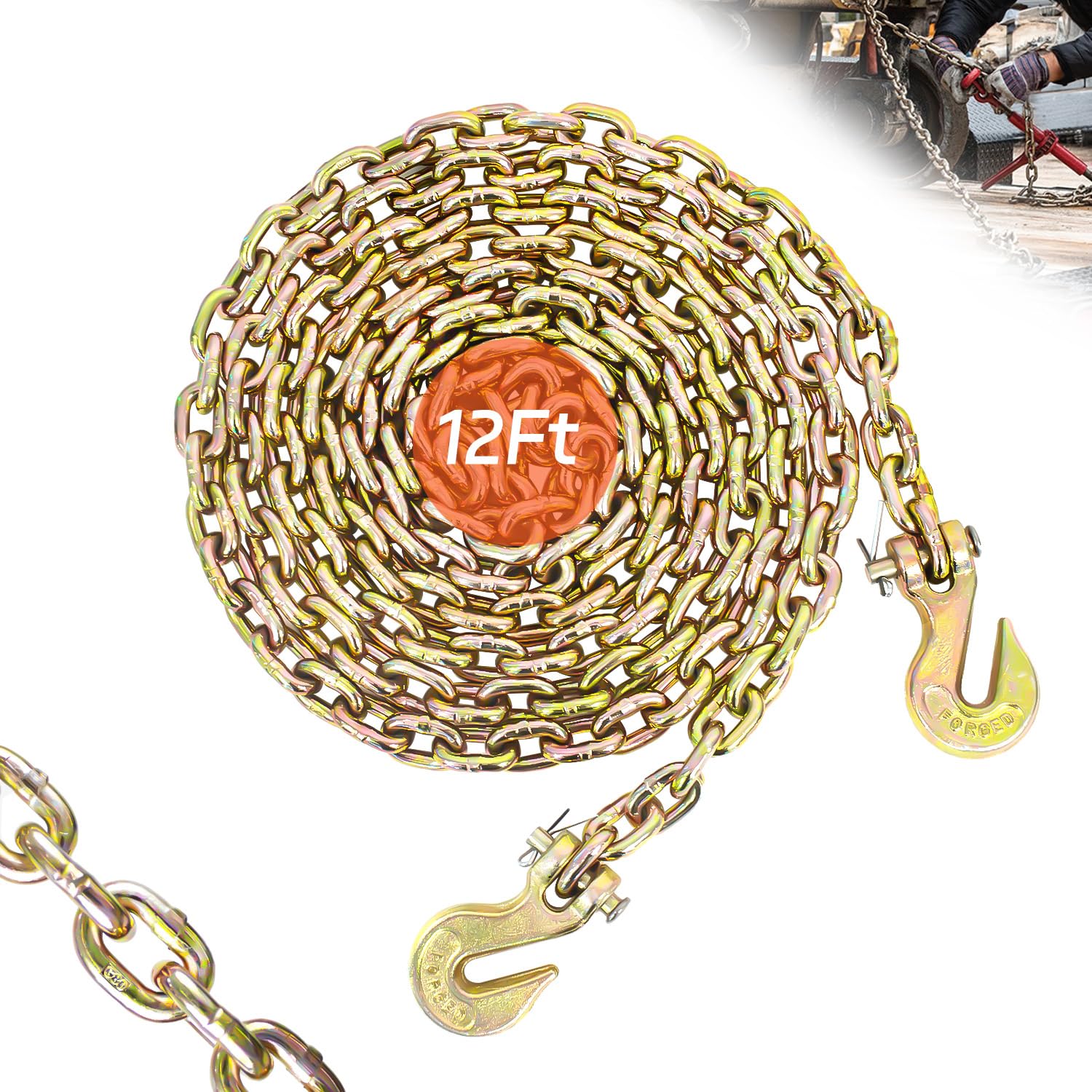 Photo 1 of 1/4" Tow Chain | WLL 3,300 Lbs | 12FT High Strength Chain G80 Heavy Duty Log Chain with Clevis Grab Hooks for Towing | Trailer Transport Safety Chain for Truck Tie Down Binding Equipment