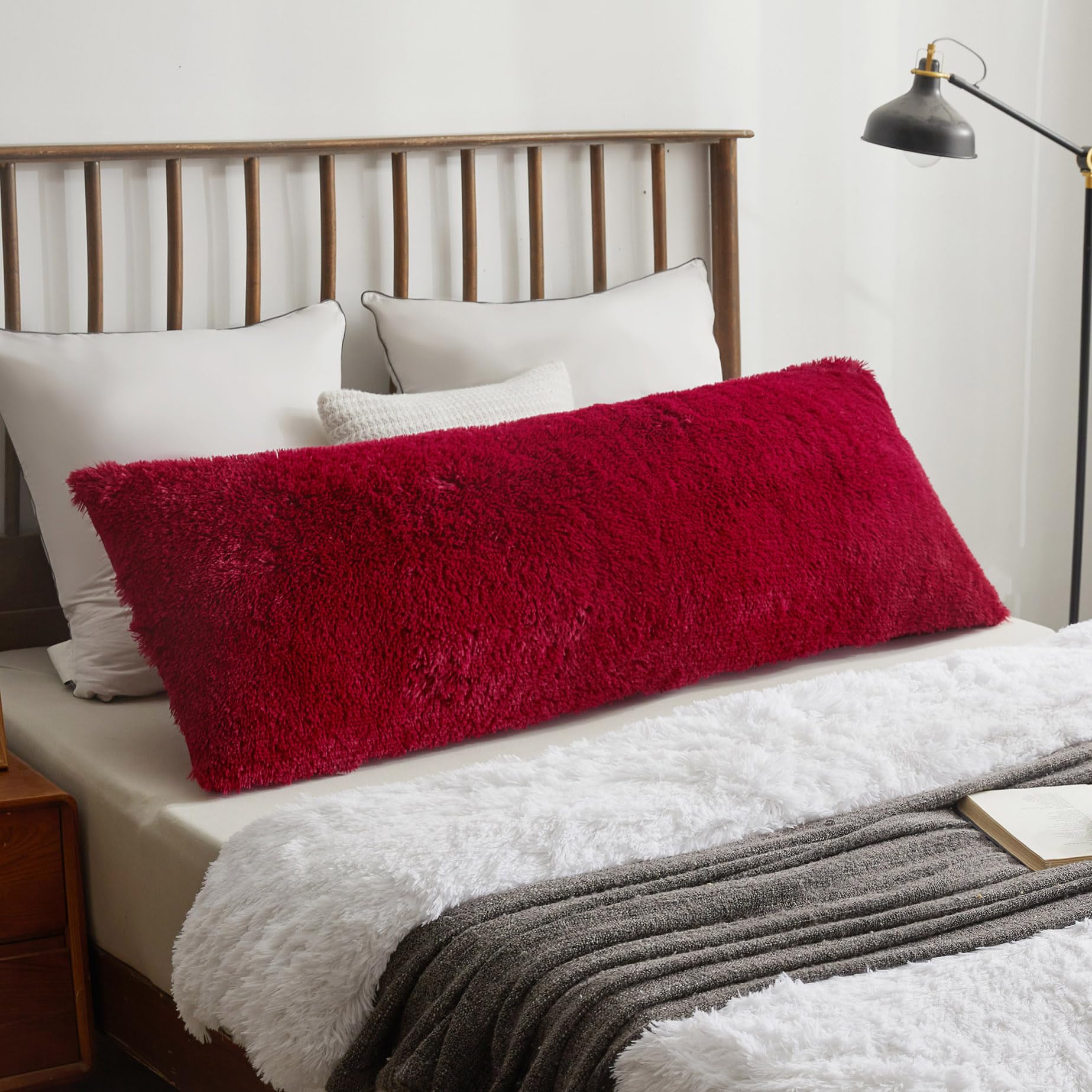 XeGe Long Fluffy Bolster Pillowcase, Faux Fur Body Pillow Cover with Zipper Closure, Plush Furry Standard Bolster Pillow Case for Pregnant Maternity Women Side Sleeper, 4.6ft, Red