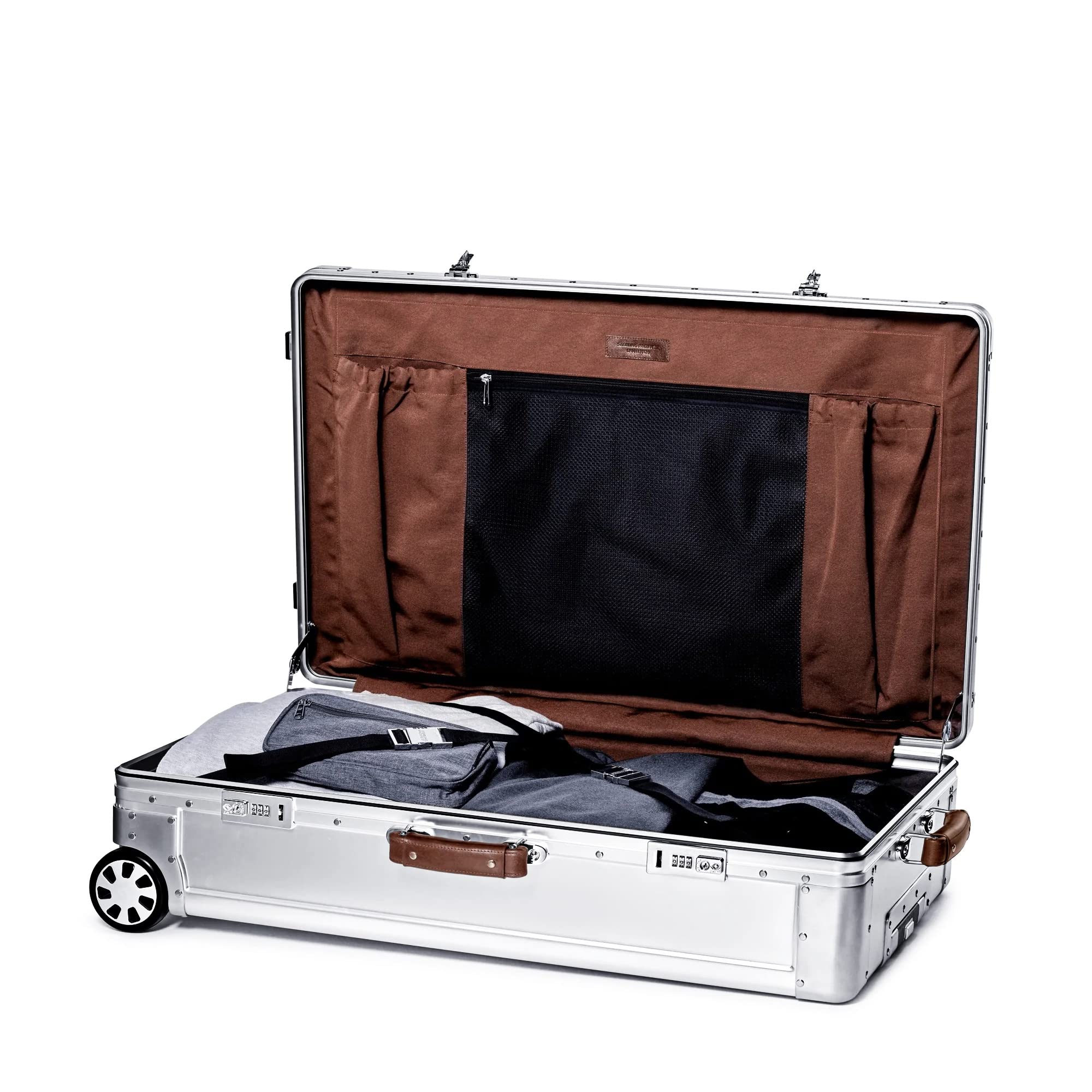 Sterling Pacific - 80L Check In Travel Case – Full Aluminum Luggage, Italian Leather Handles