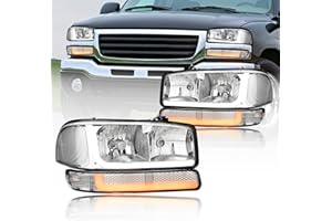 Fullux LED DRL Headlights Assembly Compatible with 1999-2007 GMC Sierra 1500 1999-2006 Yukon 2000-2006 Yukon XL 1500 2500 Replacements Clear Reflector Chrome Housing