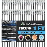 CableGeeker Cat 6A Slim Ethernet Patch Cables, 1 ft, 50-Pack, Black | 28AWG Pure Copper, 10Gbps/550MHz, Snagless Gold-Plated RJ45, Ultra-Thin Flexible Design for Switches, Patch Panels, and Racks
