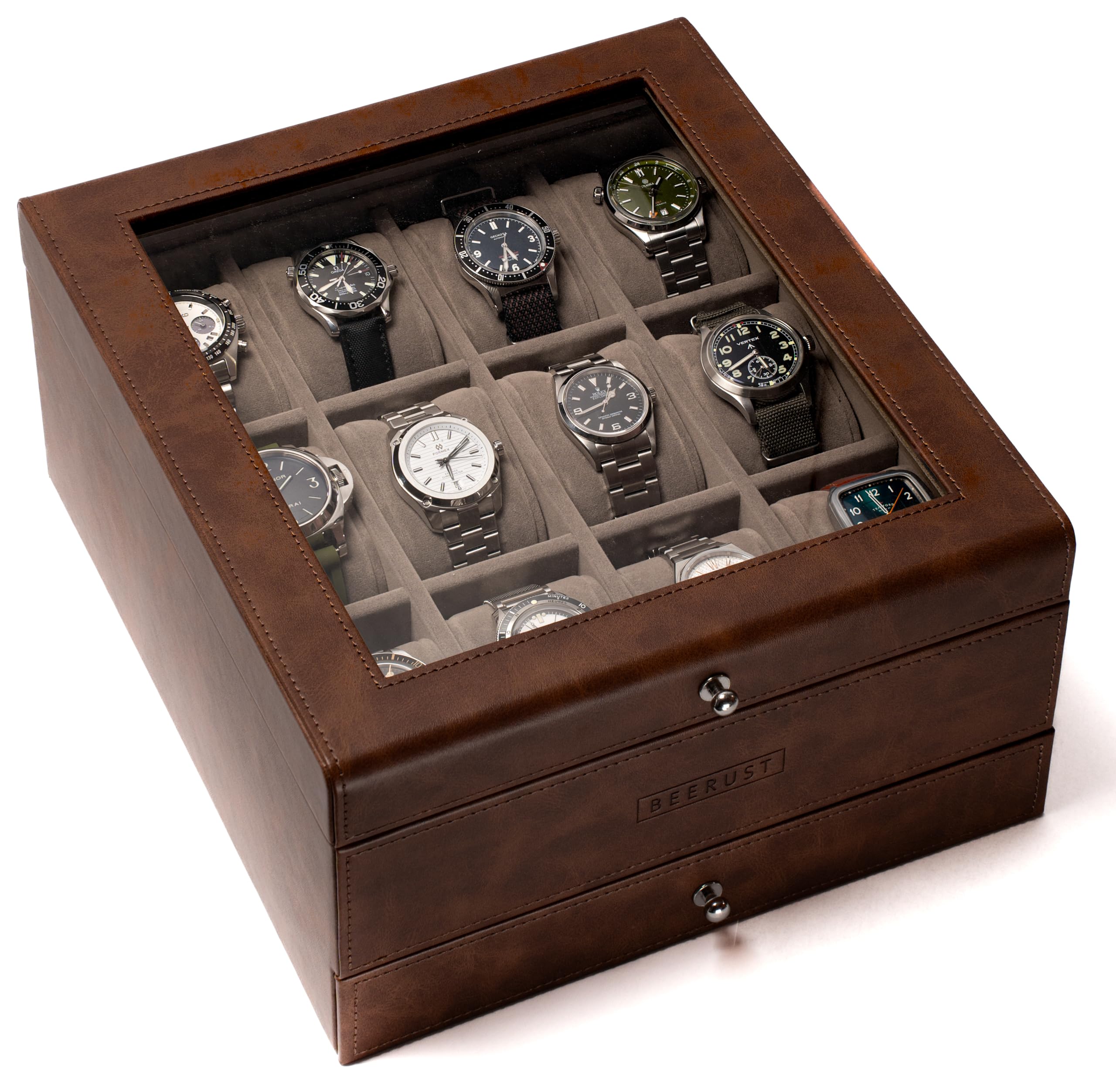 BEERUST 12 Slot Leather Watch Box Organizer for Men - Display Case with Valet Drawer - Ideal for Large Wrist Watches and Jewelry