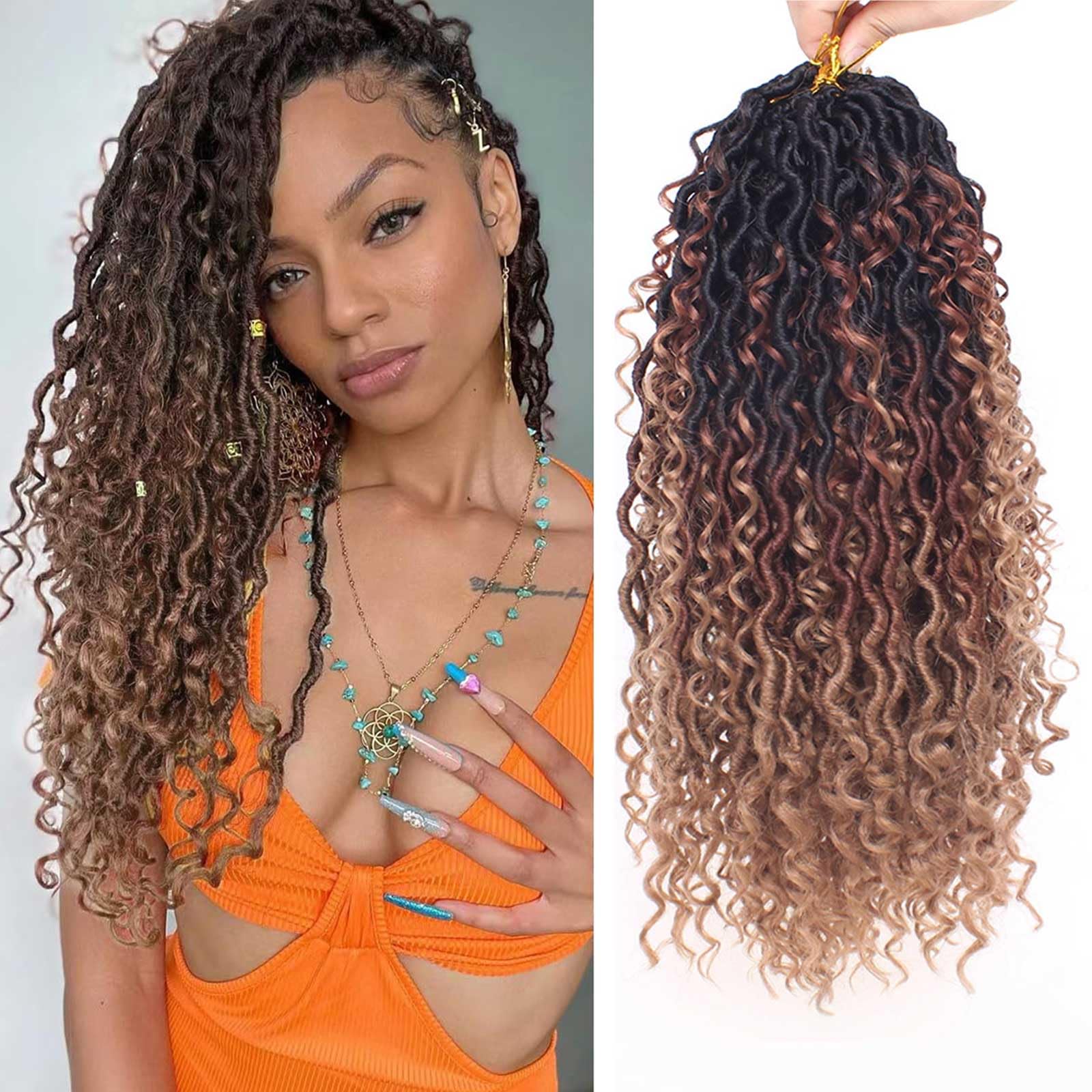 Xtrend 14Inch 8 Packs River Faux Locs Crochet Hair With Curly Hair In Middle And Ends 14Strands/pack Pre-Looped Crochet Braids 3 Tones Messy Bohemian Fuax Locs Hair Extensions 1B3027# โ image 1