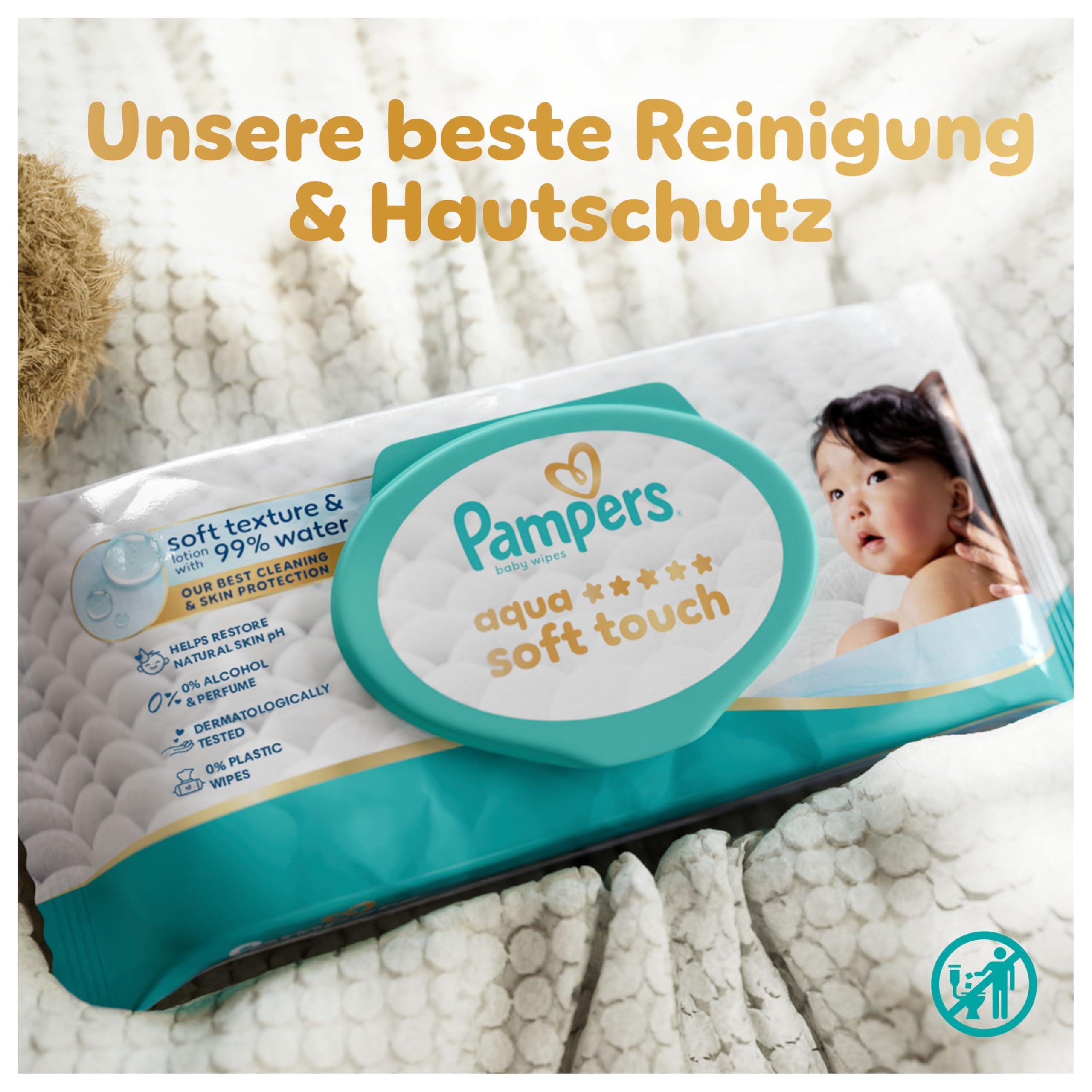 Pampers Aqua Soft Touch Baby-Feuchttücher, 18 Packungen mit 48 Feuchttüchern = 864 Baby-Feuchttücher, weiche Textur & Lotion mit 99% Wasser 4