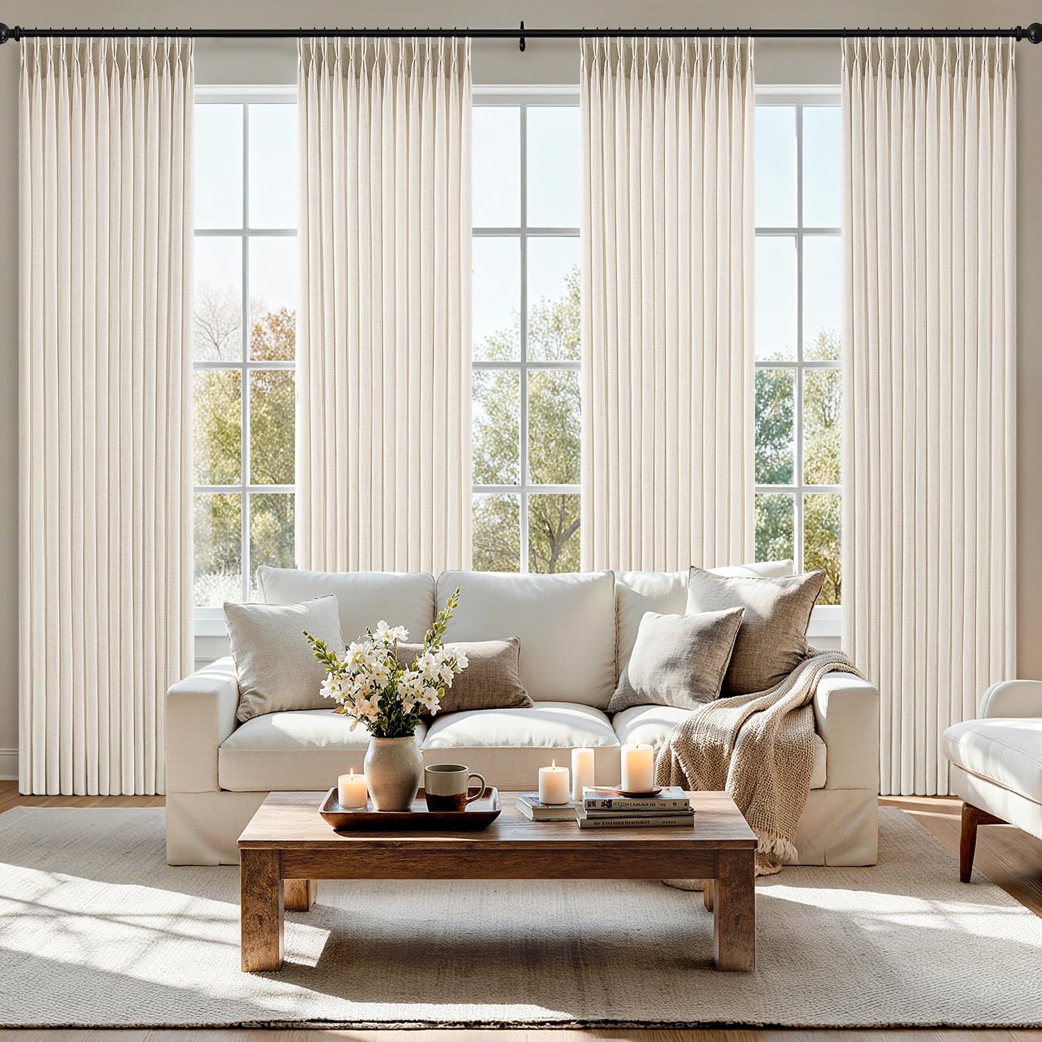 Photo 1 of MIULEE Pinch Pleated Thick Linen Curtains 90 Inches 4 Panels Set Ivory Cream Back Tab Memory Trained Pinch Pleat Semi Sheer Light Filtering Privacy Curtains Window Drapes for Living Room Bedroom Birch