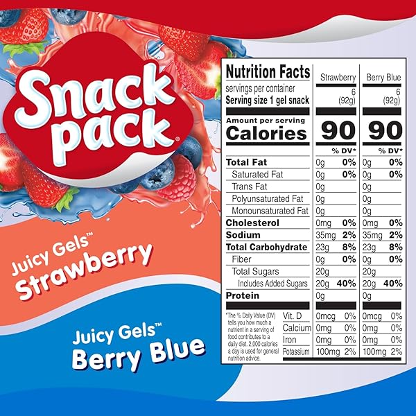 SNACK PACK STRAWBERRY AND BERRY BLUE FLAVORED JUICY GELS CUPS, 3.25 OZ., 12-COUNT FAMILY PACK