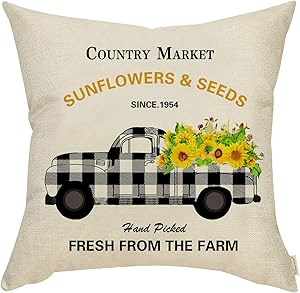 Fahrendom Spring Summer Farmhouse Home Décor Black White Plaid Truck Sunflower Sign Decorative Throw Pillow Cover Country Market Fresh from Farm Cotton Linen Cushion Case Sofa Couch 18 x 18 in