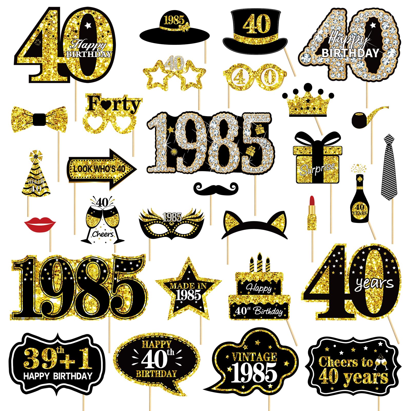 Photo 1 of 30Pcs 40th Birthday Decoration Photo Booth Props for Men Women, Funny Black Gold Vintage 1985 40th Birthday Props Kit with Sticks Party Supplies, Cheers to 40 Bday Photo Props Sign Decor