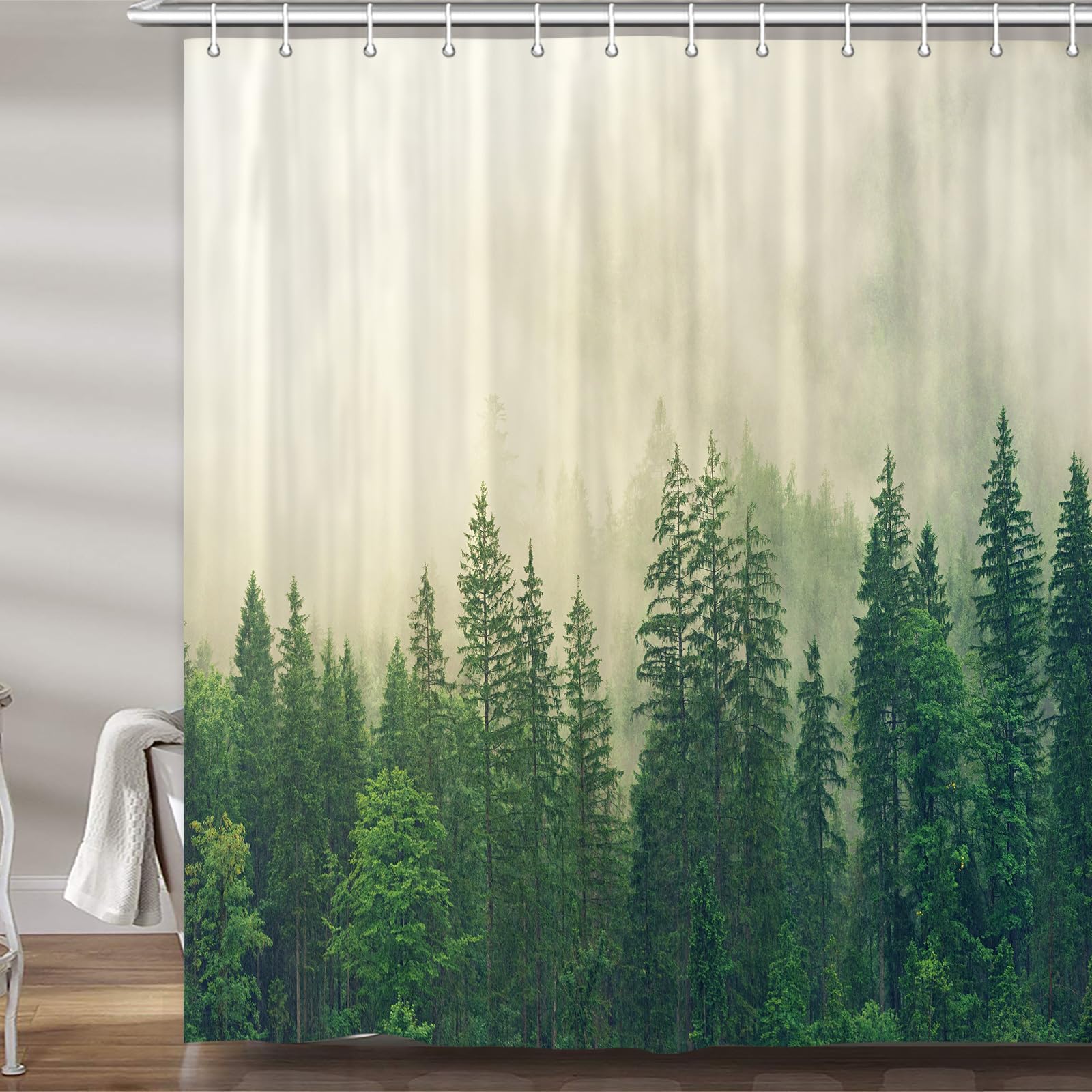 JAWO Forest Shower Curtain, Forest Pine Tree Refreshing Woodland Wilderness Mountainside Landscape Shower Curtain for Bathroom, Fabric Nature Shower Curtain Hooks Include, 72X72 inch