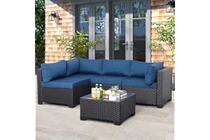 WAROOM Outdoor Patio PE Wicker 5 Piece Furniture Set, Black Rattan Sectional Conversation Sofa Chair with Coffee Table, Navy Blue Cushion