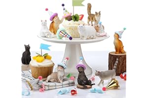 Colingmill 18 Pcs Cat Birthday Party Decorations Mini Birthday Hat Animal Figure Model Cake Toppers with Mini Hat for Birthday Party, Animals Themed Party