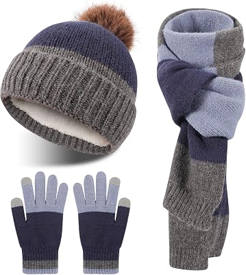 Conjunto de chapéu e cachecol de inverno para crianças, chapéu quente de malha de inverno, aquecedor de pescoço, luvas mágicas às riscas para crianças dos 5 aos 12 anos