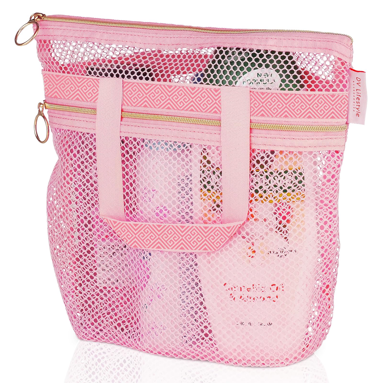 DV Lifestyle Mesh Shower Bag 25 x 26cm Caddy with Zipper & 2 Pockets. Quick-Dry Portable Toiletry Tote for Bathroom, Gym, Travel, Camp, Beach, for Sunscreen, Dorm & College Essentials (Pink)