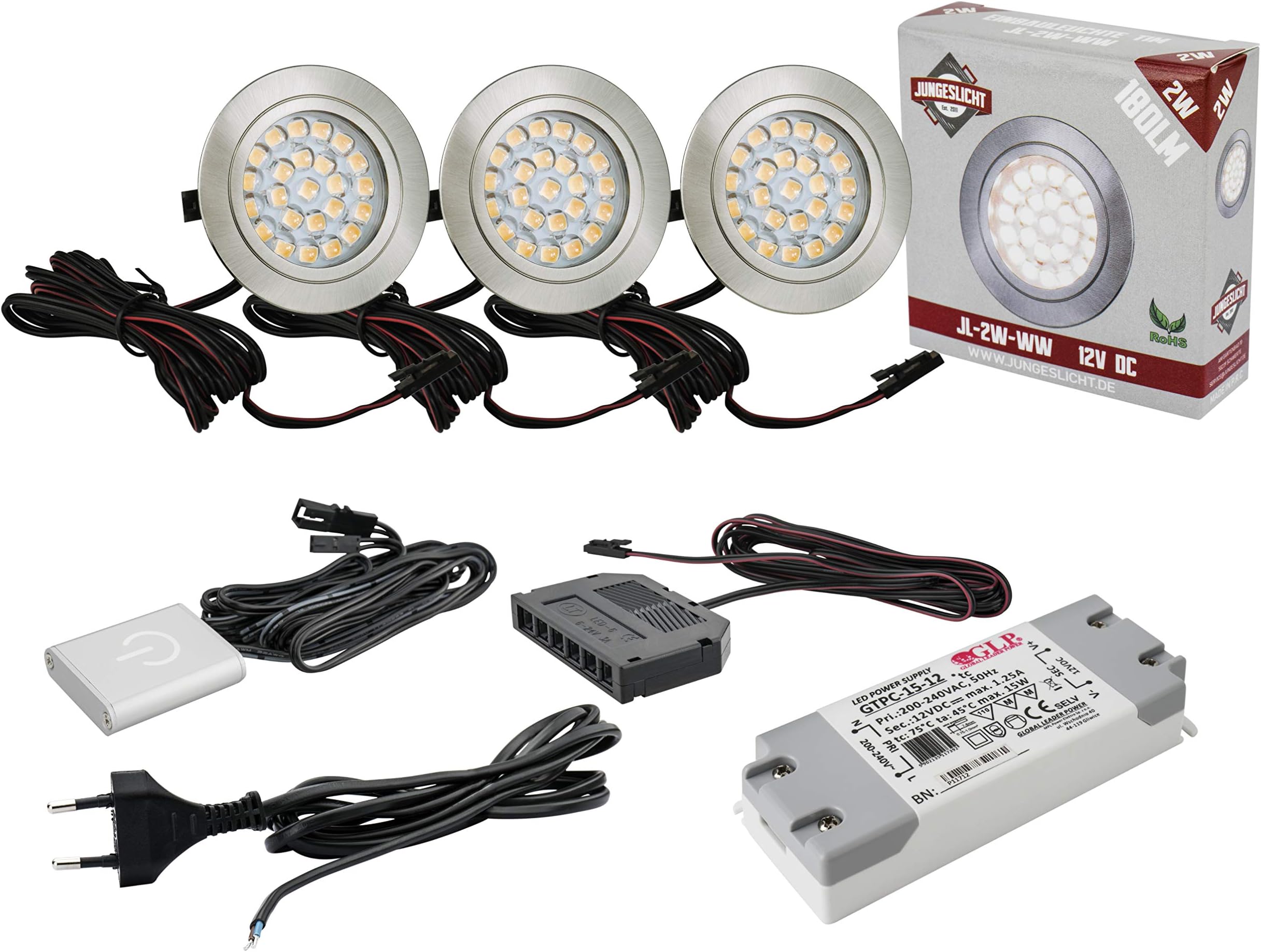 3x Flat LED Furniture Light 2 W Warm White Dimmable 65 mm x 10 mm, Hole size: 55 – 58 mm – LED Touch Switch with Dimmer Function. – 1 X 6 Way Mini Amp Splitter Cable – 1x Connection Cable, 1 x 12 V DC 15 W LED Transformer [Energy Class A++]
