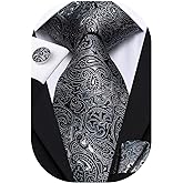 Hi-Tie Silk Ties for Men Plaid Paisley Striped Necktie Pocket Square Cufflinks Set Formal Business