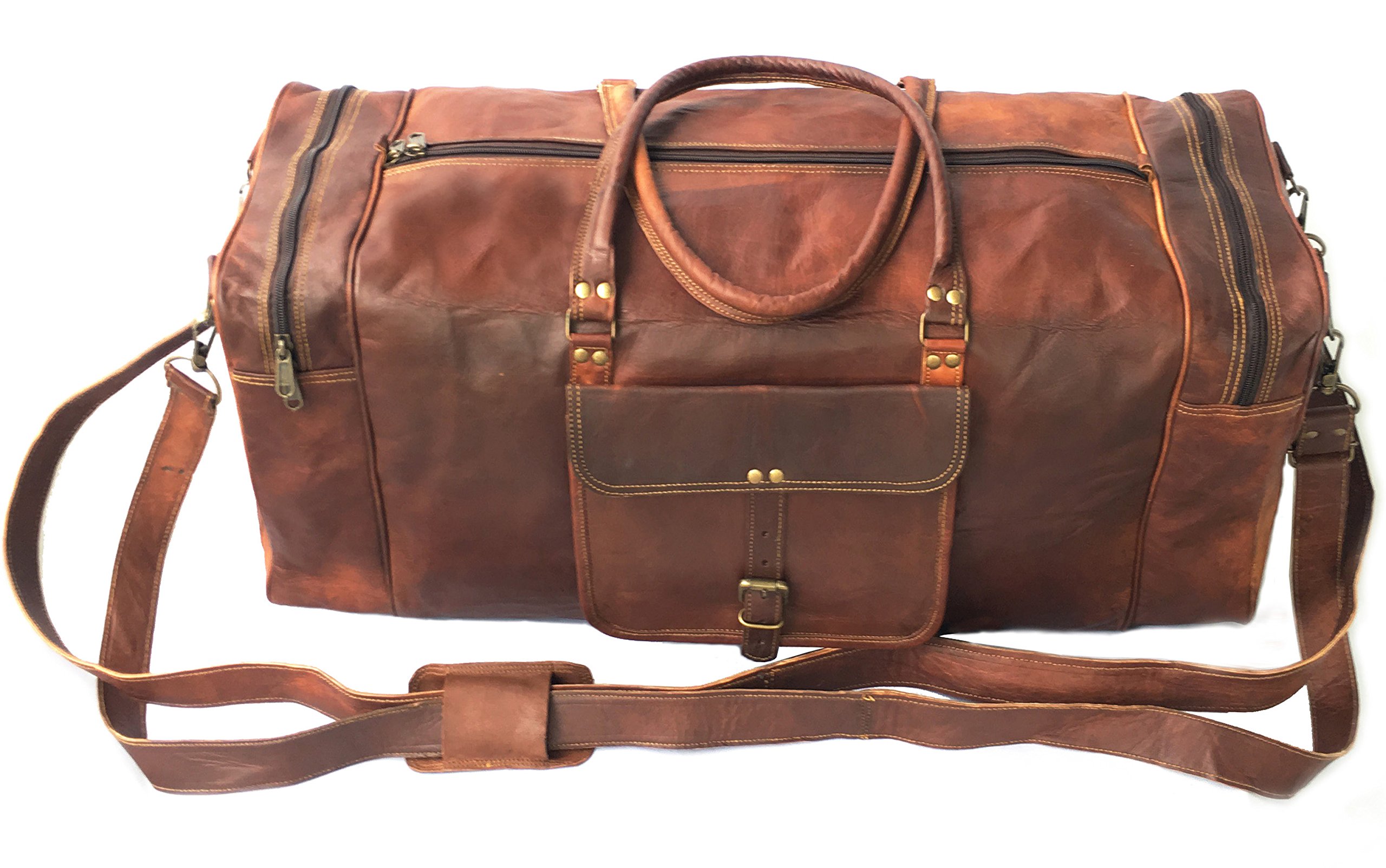 Dhk Devil Hunter Killer KK's Vintage Leather Duffel Bag, Handcrafted, Stylish & Durable, Ideal for Gym, Travel, Genuine Leather Travel Bag, Brass Rivets & Zippers Size 28