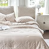 Amolavet Tufted Comforter Queen Size 3 Pieces Set Beige Boho Bedroom Farmhouse Decor for All Season Queen Size Comforter Quilt Bedding Set Bohemian Textured Soft Fluffy Lightweight Breathable Warm