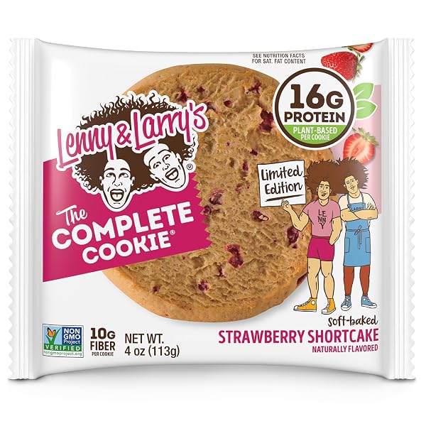 LENNY & LARRY’S PROTEIN COOKIE, STRAWBERRY SHORTCAKE – HIGH PROTEIN SNACKS WITH 16G PLANT PROTEIN, 10G FIBER, SOFT-BAKED, VEGAN, NON-GMO | 4OZ, PACK OF 12