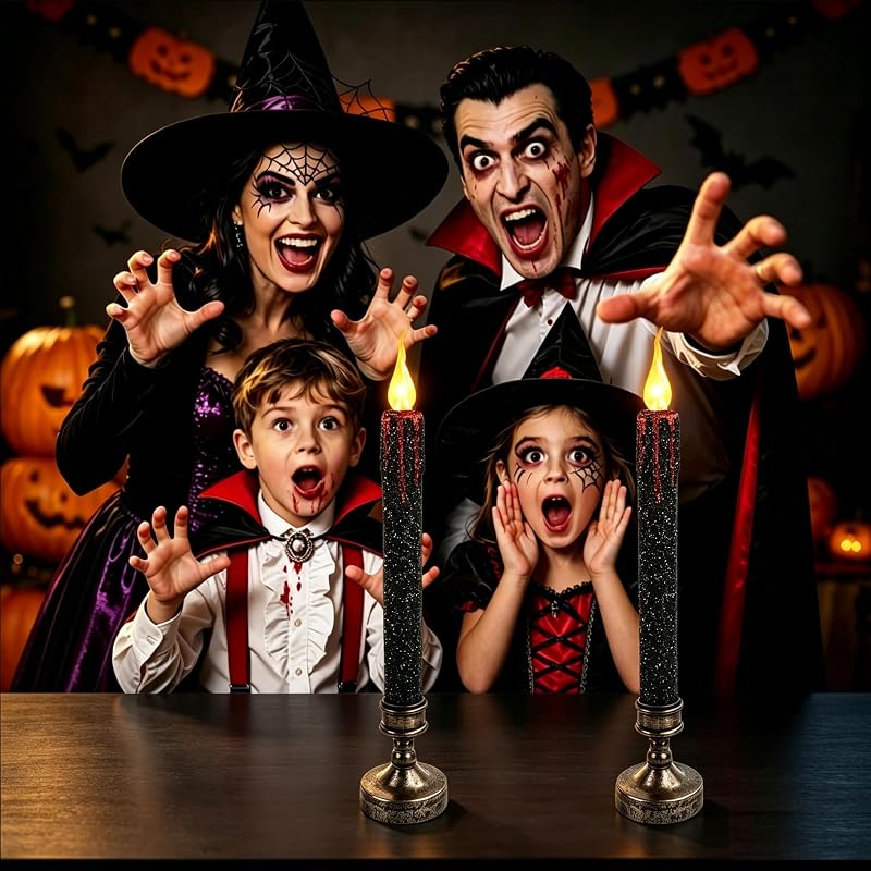 2 Piezas Velas LED Halloween 24.5cm Velas Halloween Sin Llama Gotean Sangre Negras LED Candle con Pilas para Fiesta, Regalos, Decoracion Casa