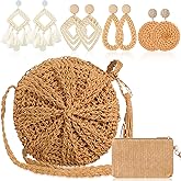 Sweetude Straw Clutch Purse for Women Rattan Earrings Set Summer Beach Straw Bag Boho Handbag Woven Wallet for Vacation