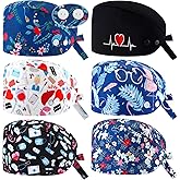ShinyMatch 6 Pcs Scrub Cap Adjustable Nurse Hat with Double Button and Sweatband Elastic Bandage for Women Men