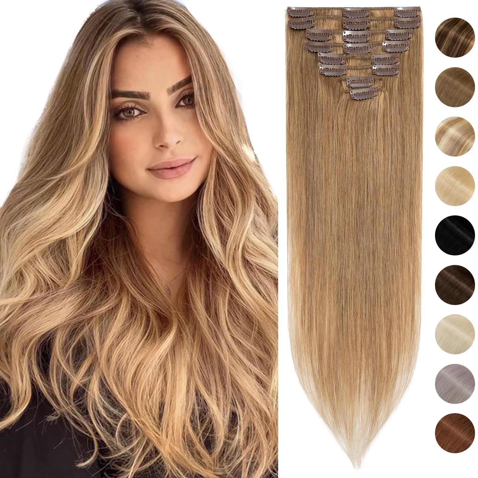 Silk-co Hair Extensions Clip in Hair Extensions 10inch Real Human Hair 100% Remy Straight Hair Extension #27 Dark Blonde -Basic Thickness-Thin Weft- 8 PCS 50g