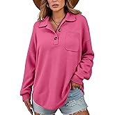 Halife Womens Waffle Knit Tops Button Down V Neck Long Sleeve Henley Shirts Loose Casual Fall Tunic Blouses with Pockets