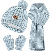 Wenouy Kids Winter Hat Scarf Gloves Set, Toddler Fleece Lined Gloves Warm Knitted Scarf Winter Beanie with Pom for Boys Girls