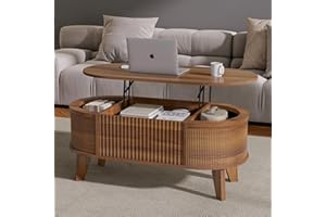 LYNCOHOME Fluted Lift Top Coffee Table with Storage,Modern Oval Coffee Table for Living Room or Home Office（Walnut）