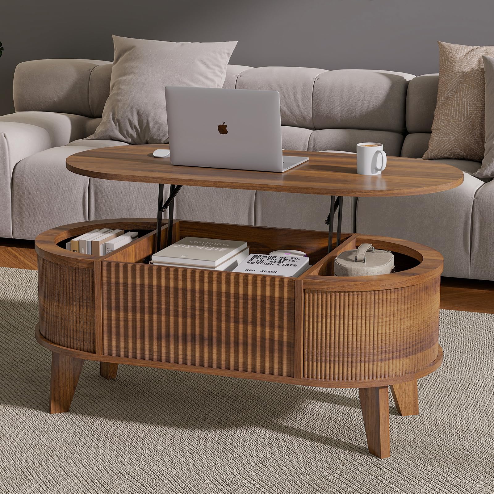 LYNCOHOME Fluted Lift Top Coffee Table with Storage,Modern Oval Coffee Table for Living Room or Home Office（Walnut）