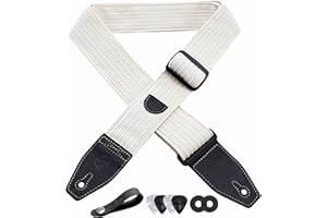 YIKOKO Guitar Strap, 2" Corduroy Full Grain Leather End Guitar Straps for Bass, Electric and Acoustic Guitars, Complimentary Strap Button, 1 Pair of Strap Locks and 4 Guitar Picks - White