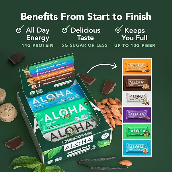ALOHA ORGANIC PLANT BASED PROTEIN BARS – 6 FLAVOR VARIETY PACK – 12 COUNT, 1.9OZ BARS – VEGAN SNACKS, LOW SUGAR, GLUTEN-FREE, LOW CARB, PALEO, NON-GMO, STEVIA-FREE, NO SUGAR ALCOHOL SWEETENERS