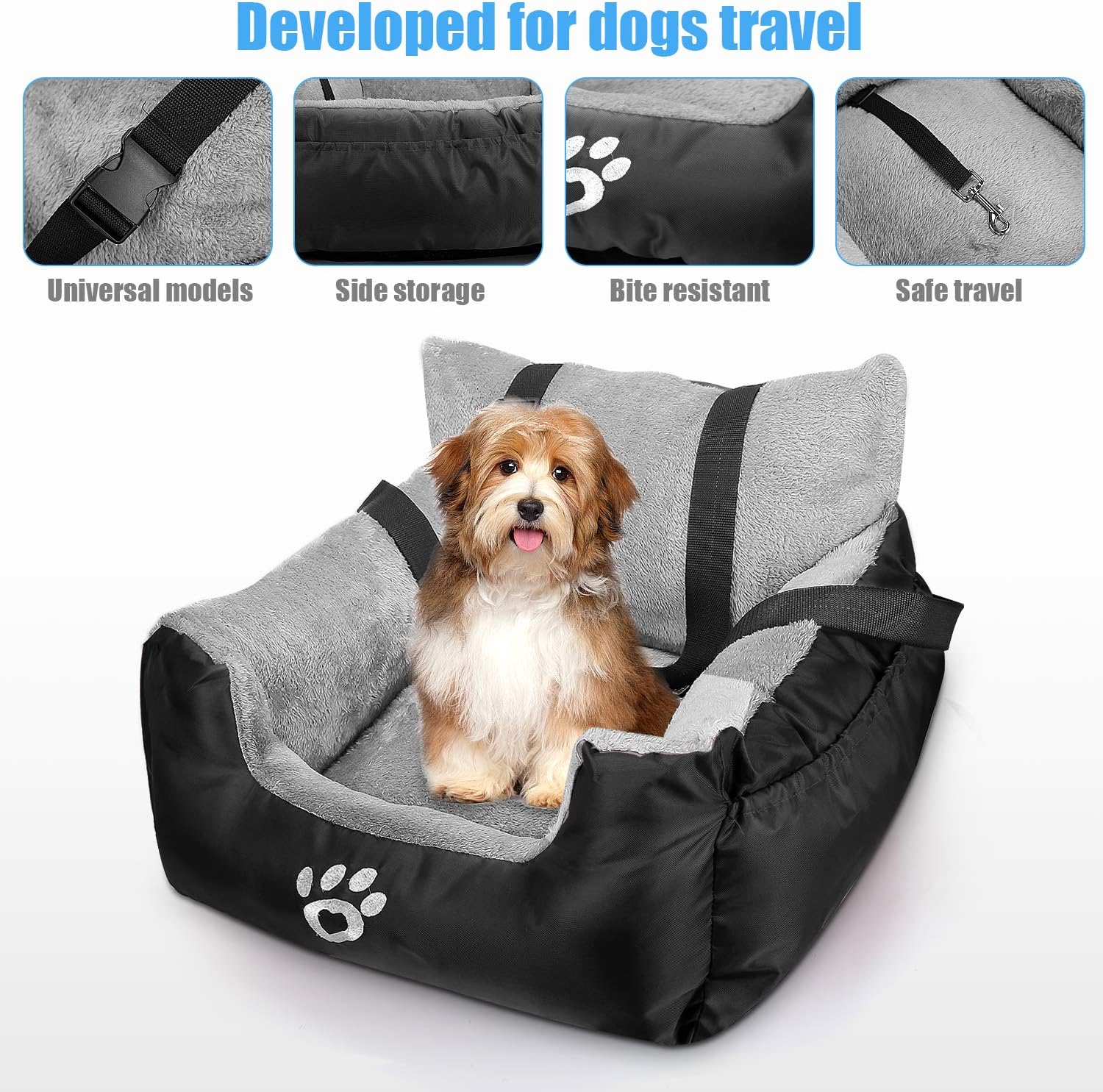 Utotol Pet Car Seat, Puppy Booster Seat Dog Travel Car Carrier Bed with Storage Pocket and Clip-on Safety Leash Removable Washable Cover for Small Dog (Black) : Pet Supplies