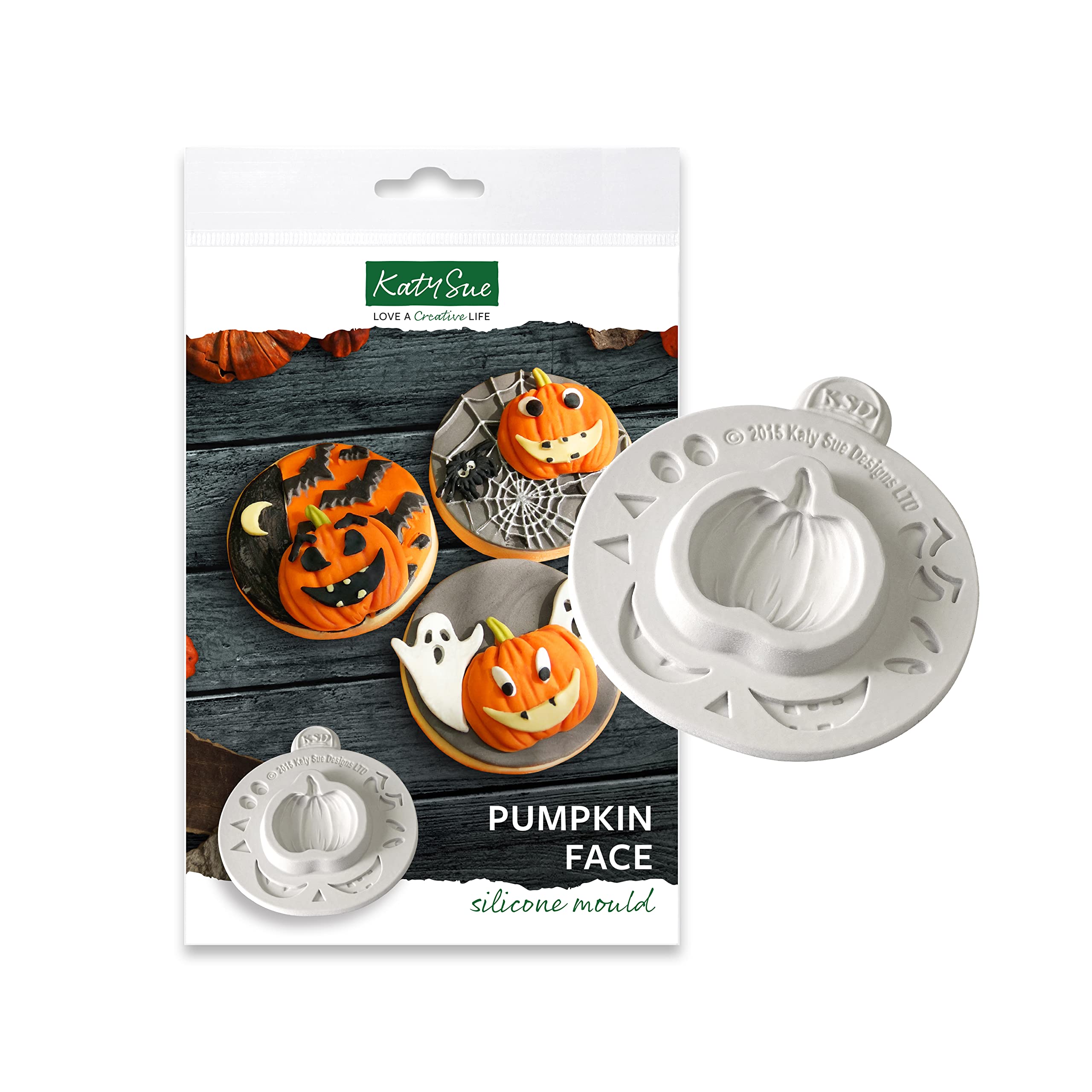 Katy Sue Pumpkin Face Silicone Mould for Halloween Cake Decorating & Crafts. Pumpkin is 42mm x 40mm x 10mm for use with Fondant & Air Dry Clay